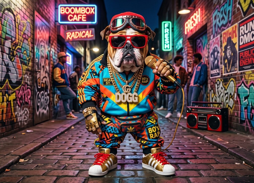 Bulldog rapper with graffiti alley background